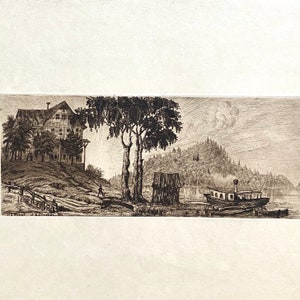 Large Antique Etching of House and Boat - Artist Unknown