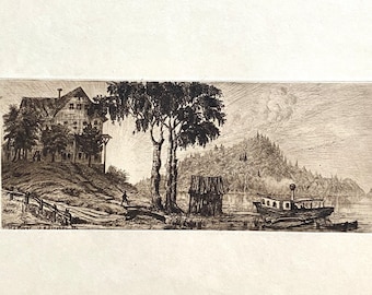 Large Antique Etching of House and Boat - Artist Unknown