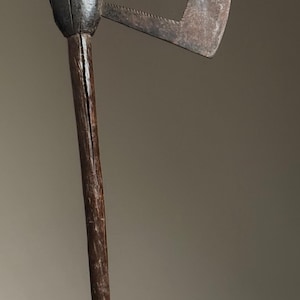 Large Hand Forged Iron Folk Art Burkina Faso Ceremonial Axe on Stand