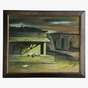 Vintage WPA Style Outsider Nocturne Industrial Landscape with Sleeping Figure, Signed (Oil on Board)