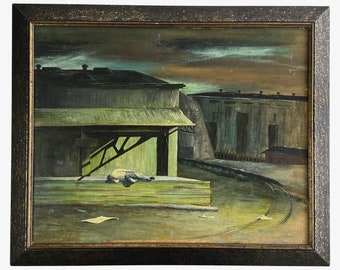 Vintage industrieel landschap van outsider nocturne in WPA-stijl met slapende figuur, gesigneerd (olieverf op bord)