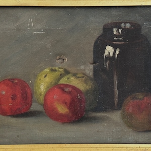 Antique 19th C. Realist Still Life with Fruit and Jug, Framed (Oil on Canvas)