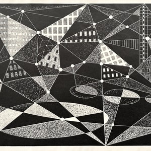 May include: A black and white abstract geometric design with a network of lines and circles. The design features a variety of shapes, including triangles, squares, and circles. The design is created using a stippling technique, which gives it a textured appearance.