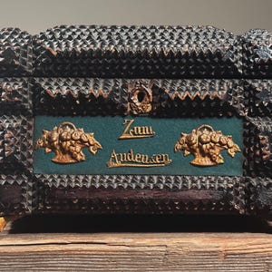 Antique German Tramp Art Box with Brass Detailing/Primitive