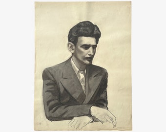 Vintage 1950s Realist Portrait of Man in Suit by Anthony Ferrara, Signed (Charcoal on Paper)