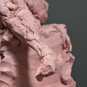 May include: Close-up of a clay sculpture in a reddish-brown hue. The arm and part of the torso are visible, with detailed textures and cracks. The sculpture is set against a muted green background, highlighting the form and texture of the artwork.