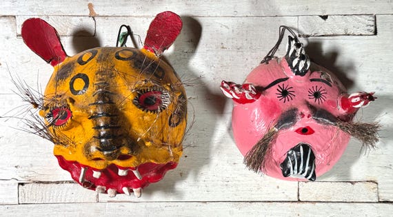 Pair Of Vintage Mexican Folk Art Coconut Carved Masks/Jaguar