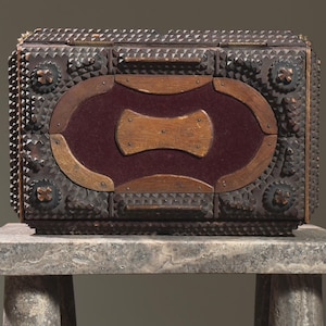 Antique Tramp Art Box with Red Velvet Inset Panels and Lion Paw Feet