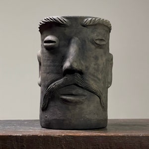 Vintage Mexican Black Matte Sculptural Wood Fired Face Vase
