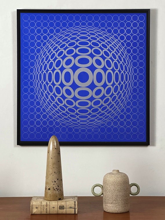 Victor Vasarely - 'tuz' Silver Screenprint on Blue Background