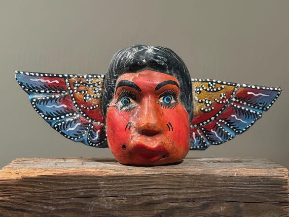 Vintage Mexican Folk Art Polychrome Hand Carved Cachetón Bust Angel Sculpture