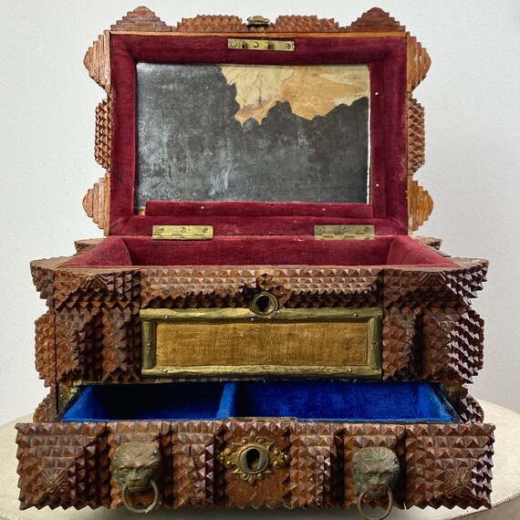 Tramp Art Jewelry Box With Metal Lion Pulls —ON H… - image 7