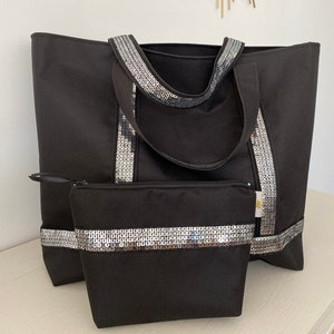 beach bag, racing bag, shopping bag, Vanessa Bruno style with black fabric, silver sequins with its matching pouch