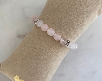 Bracelet femme élastique/en perle naturelle/quartz rose/rondelle scintillante - lithothérapie-