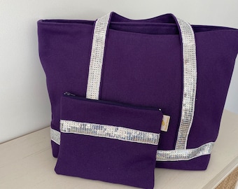 sac de plage, de course, shopping, style Vanessa Bruno avec un tissu violet sequins argentés avec sa pochette plate assortie