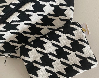 Sac banane + pochette, femme, avec tissu noir et blanc pied de poule, sac en tissu porté travers, fermeture