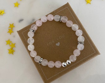 Pulsera elástica de mujer/perla natural/cuarzo rosa/arandela brillante - litoterapia -