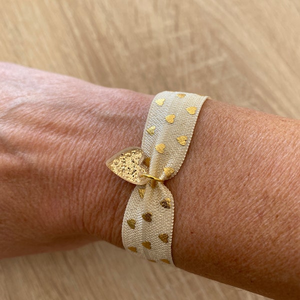 Bracelet femme / tissu, ruban à message, pampille breloque cœur doré, pailleté fantaisie