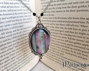 Pearlescent Purple and Green Large Gothic Pendant Necklace with Silver Chain