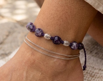 Tobillera de cáñamo macramé con amatista gruesa