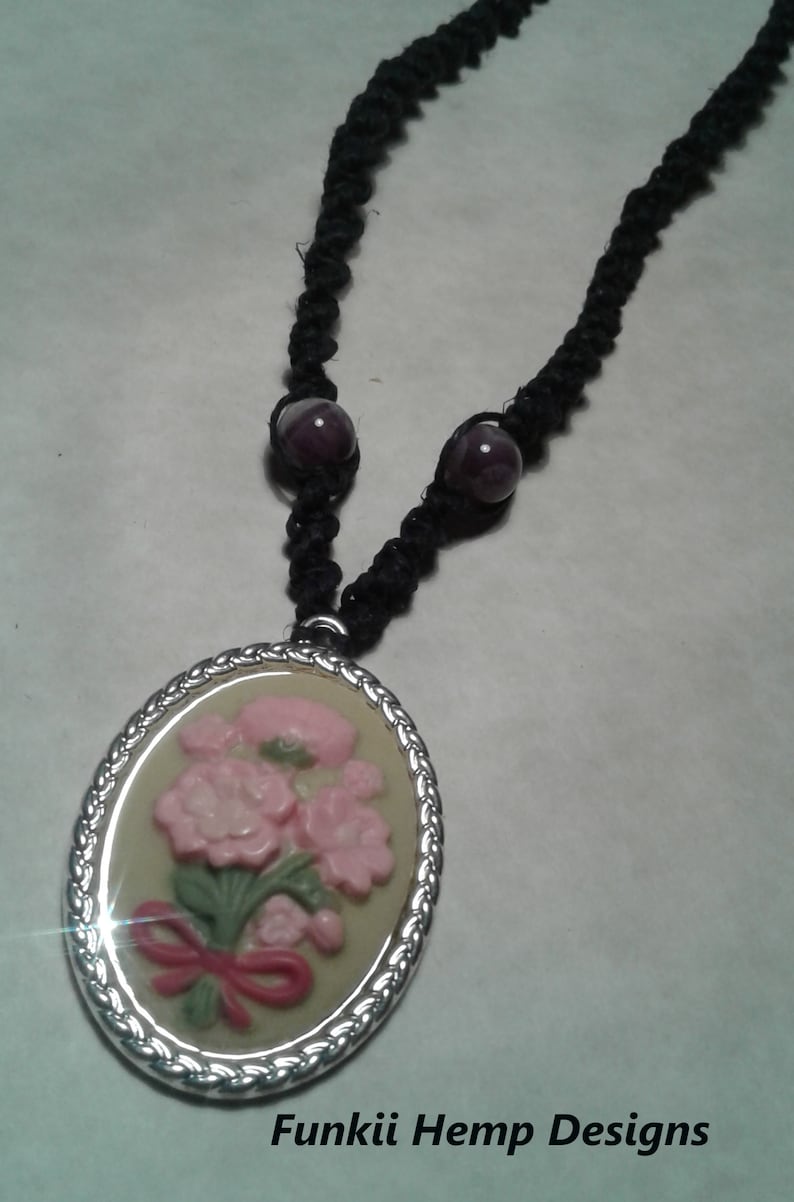 Pink Flower Pendant with Amethyst Beads Hemp jewelry gemstones macrame jewelry- BOHO jewelry hemp necklace