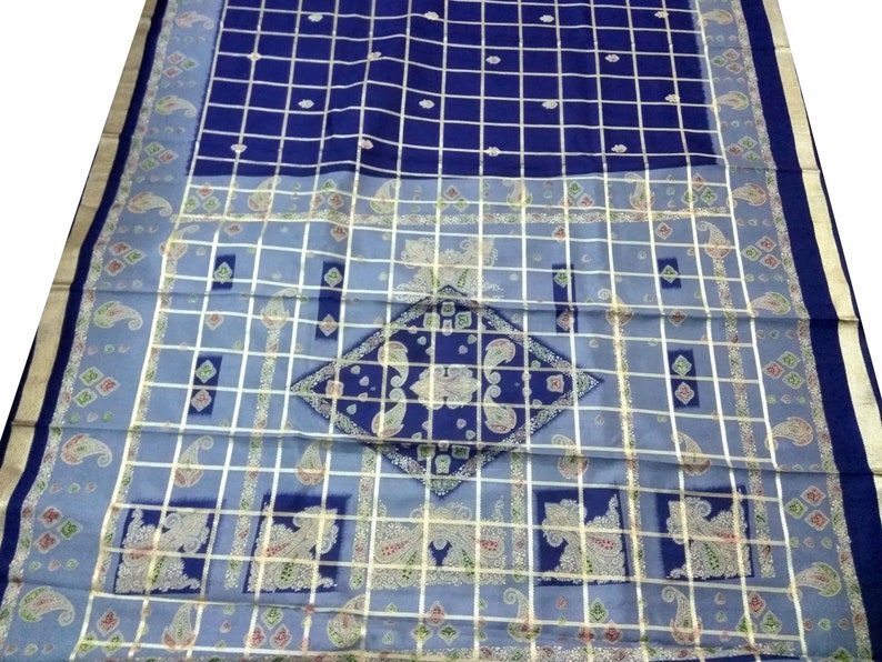 Free Shipping Beautiful Vintage saree Art Silk sari Fabric Floral Blue chek color Double shaded soft Wrap Decor Upholstery RD-84