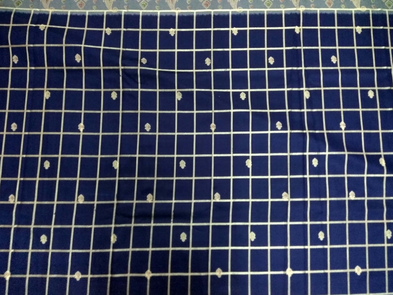 Free Shipping Beautiful Vintage saree Art Silk sari Fabric Floral Blue chek color Double shaded soft Wrap Decor Upholstery RD-84