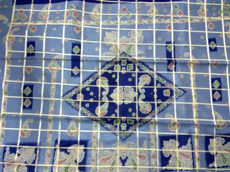 Free Shipping Beautiful Vintage saree Art Silk sari Fabric Floral Blue chek color Double shaded soft Wrap Decor Upholstery RD-84