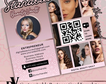 QR code business card design Canva template for nail techs, esthetician, lash tech, makeup artist, hairstylist : instant digital download