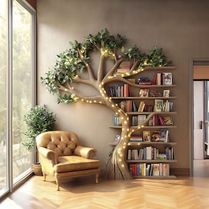 Tree branch bookshelf floating bookshelf live edge shelf book shelf wall mount bookshelf wooden handmade decoration living room