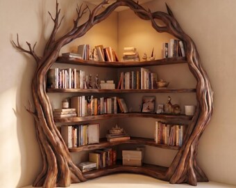 Tall Corner Bookshelf Tree Branch Shelves Custom Bookshelf Handmade Furniture Vintage Home Decor