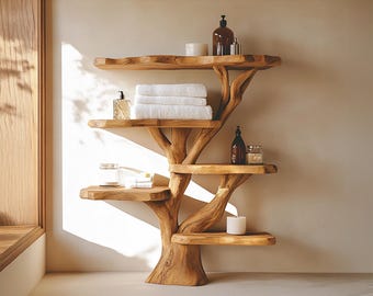 Solid Wood Bookcase, Tree Bookshelf, Wall Book Shelf Rustic Furniture Style, Bathroom Decor