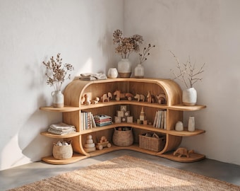 Montessori Bookshelf Corner Cabinet Baby Room Shelf Wooden Furniture Bookcase Decor