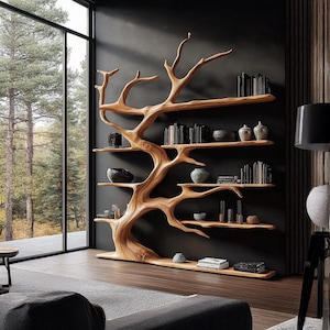 Rustics tree branch bookshelf tree bookcase solid wood bookshelf tree wall art handmade furniture decor home personalized gift