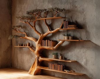 Tree Bookshelf Rustic Wooden Book Tree Shelf Unique Wall-Mounted Bookcase Natural Wood Furniture, Home Office Decor Gift
