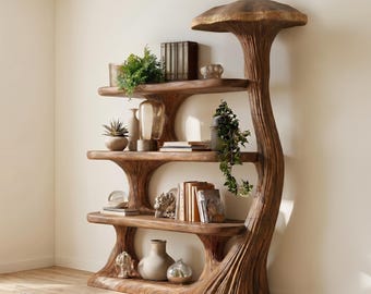 Estantería de madera con forma de seta, librería de madera con forma de seta, estante de pared con forma de seta, muebles hechos a mano, decoración para sala de estar.