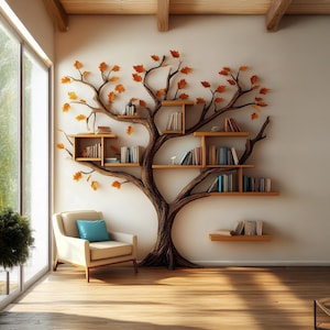 Rustic tree bookcase handcrafted tree branch bookshelf unique home decor wall mouted floating shelf wood treeshelf living room gift her
