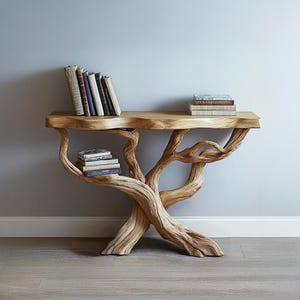 Consola rústica hecha a mano con troncos de árboles naturales y madera maciza. Decoración de oficina de estilo natural.