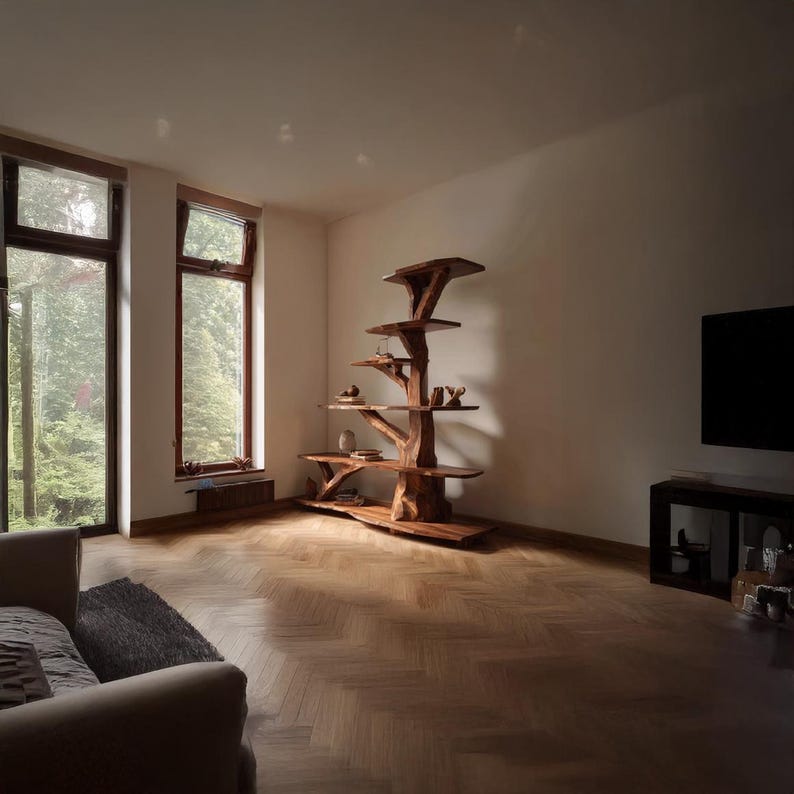 K&ouml;nnte beinhalten: Ein handgefertigtes, baumf&ouml;rmiges Holzregal mit mehreren Ebenen, das eine nat&uuml;rliche Holzmaserung aufweist. Die Regale zeigen dekorative Gegenst&auml;nde, vor dem Hintergrund eines neutralen Raumes mit gro&szlig;en Fenstern und Parkettboden.