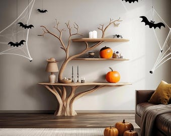 Consola de madera con borde natural y estantes hecha a mano - Diseño rústico de árbol