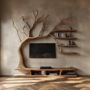 May include: A unique wooden entertainment center and shelving unit designed to resemble a tree. The tree-like structure supports a TV, shelves for books and decor, and a lower console. The wood has a natural finish, and the background is a neutral color.