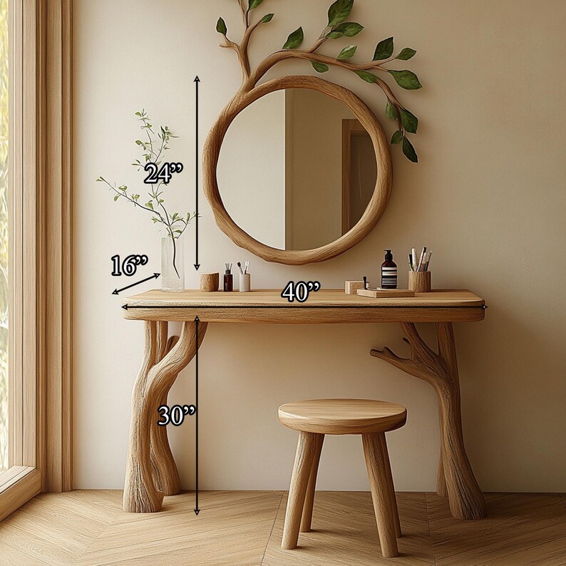 Handmade Tree Branch Vanity Table & Mirror Set, Rustic Wood Furniture ...