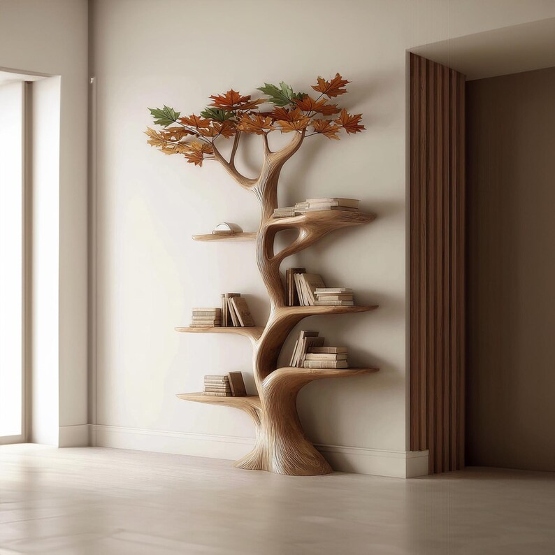 May include: A unique wooden bookshelf in the shape of a tree, with multiple shelves holding books. The tree design extends upwards, with metal leaves in shades of green, orange, and brown. The bookshelf is a light brown color and stands against a white wall.