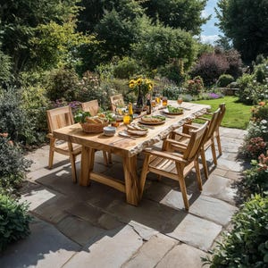 Puede incluir: Una mesa de madera con una tapa de borde vivo y seis sillas dispuestas para una comida al aire libre. La mesa está rodeada de exuberante vegetación y un patio de piedra.