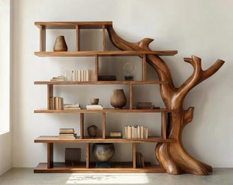 Estantería de madera de nogal, solución de almacenamiento, muebles hechos a mano, decoración para sala de estar.