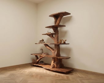 Tree Bookshelf Wood Plant Stand Rustic Tree Shelf Wooden Display Rack Handmade Furniture Home Decor