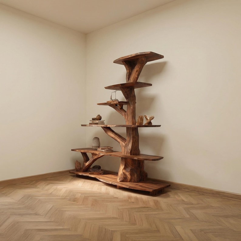 K&ouml;nnte beinhalten: Ein handgefertigtes B&uuml;cherregal in Baumform aus Holz mit mehreren Regalen. Die nat&uuml;rliche Holzmaserung ist sichtbar, und die Regale beherbergen kleine dekorative Gegenst&auml;nde. Das B&uuml;cherregal steht in einer Ecke eines Raumes mit hellfarbener Wand und Holzboden.
