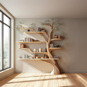 Rustic Tree Bookshelf Wooden Book Tree Shelf Unique Wall-Mounted Bookcase Natural Wood Furniture, Home Office Decor Custom Shelf Display