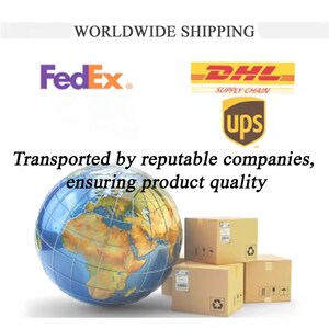 K&ouml;nnte beinhalten: Das Bild zeigt Logos von FedEx, DHL und UPS, einen Globus und Kartons. Der Text lautet "WORLDWIDE SHIPPING" und "Transportiert von renommierten Unternehmen, die Produktqualit&auml;t gew&auml;hrleisten."
