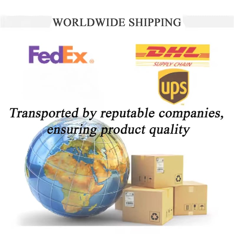 K&ouml;nnte beinhalten: Das Bild zeigt Logos von FedEx, DHL und UPS, einen Globus und Kartons. Der Text lautet "WORLDWIDE SHIPPING" und "Transportiert von renommierten Unternehmen, die Produktqualit&auml;t gew&auml;hrleisten."